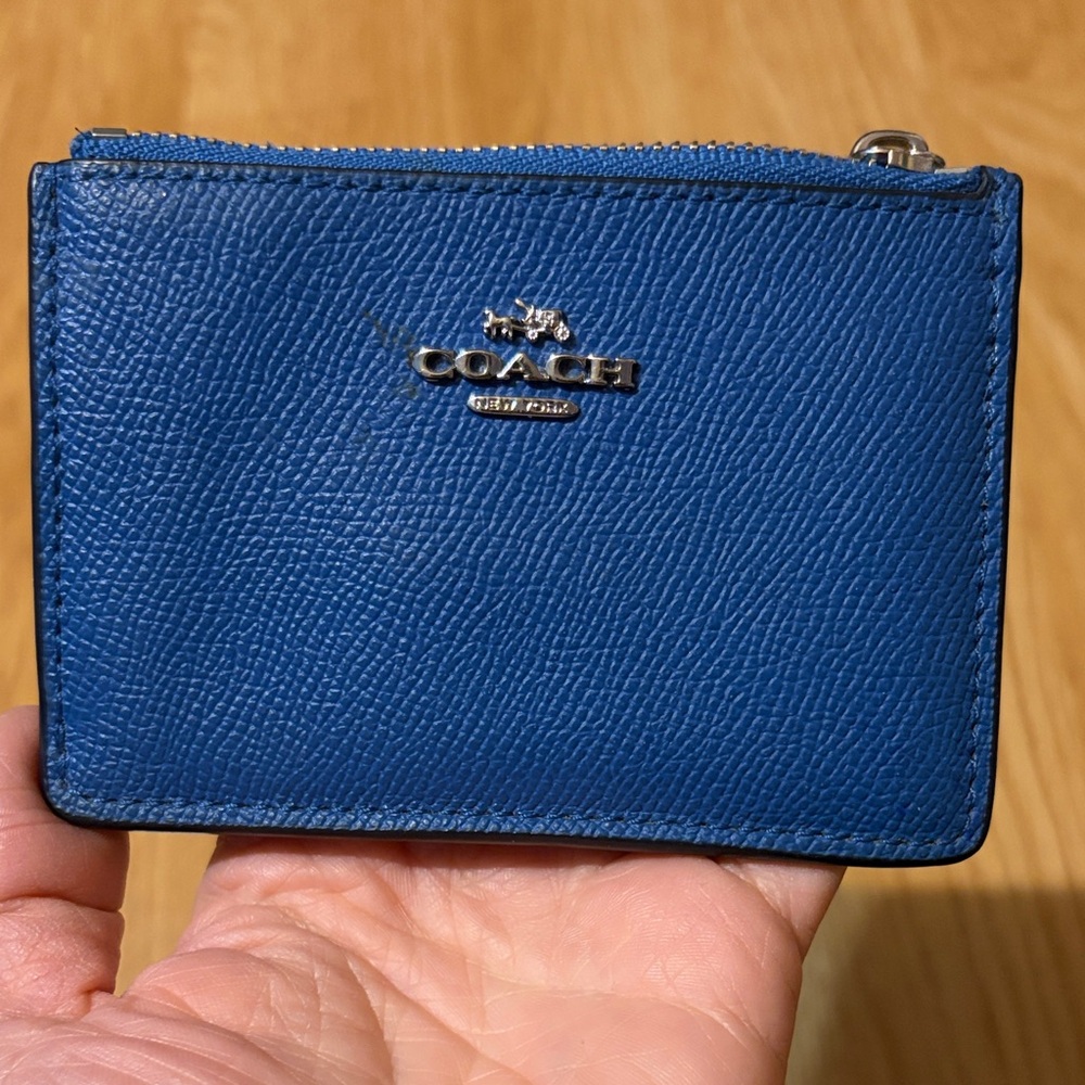 Coach Cobalt Blue Leather Zip Card Case with Silver Logo